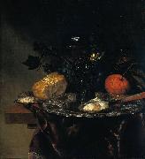 Abraham van Beijeren Stilleven met roemer op een zilveren schaal, oesters en blauwe kaas op een donker kleed oil painting